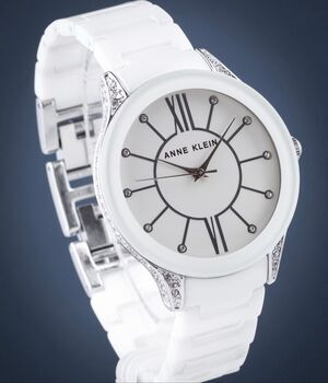 Anne Klein White Ceramic Crystal Watch and box AK-1673WTSV